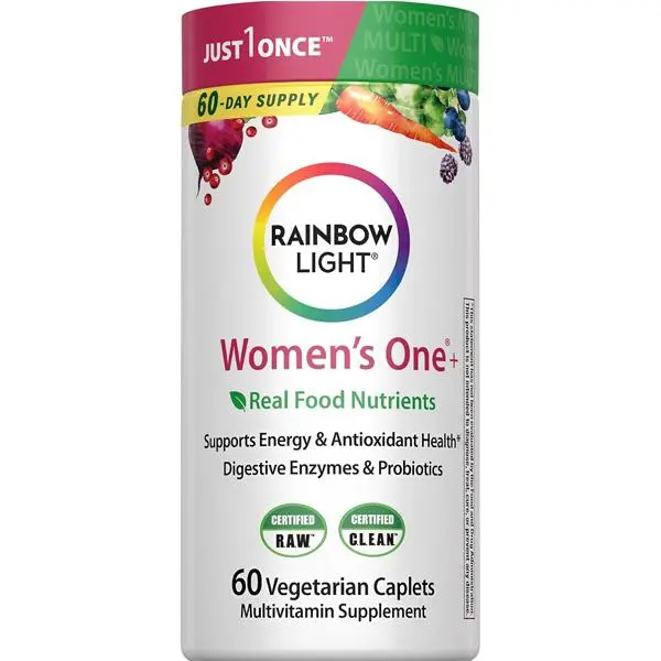 Rainbow Light Womens Multivitamin One + | 60 Caplets | Supports Energy & Antioxidant Health | Real Food Nutrients, Digestive Enzymes & Probiotics