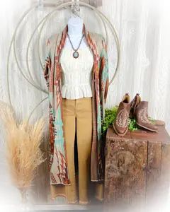 Fall Turquoise Canyon Aztec Duster Sweater Cardigan