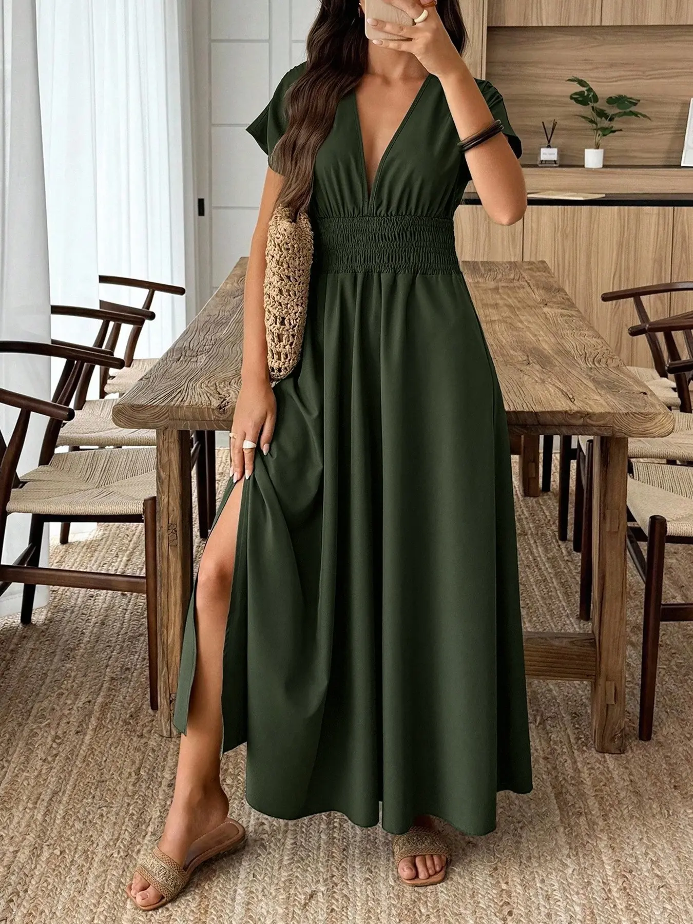 1 Piece Women's Summer Army Green V Neck Split Maxi Dress, Elegant Summer Dresses, Elegant Fashion Dress, Flowy High Waist Vacation Party Outfit, Chic, Elegant, Womenswear