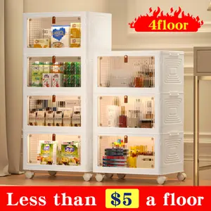 7CODE 4 Tier Plastic Storage Bins with Lids , Stackable Storage Containers with Wheels, Folding Storage Boxes, Collapsible Storage Bins, Closet Organizers and Storage for Living Room,Kitchen,Office,Dorm storage cabinet collapsible storage