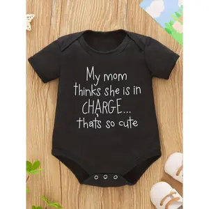 Adorable 'My Mom Thinks She's in Charge... That's So Cute' Print Cotton Baby Jumpsuit for Boys and Girls - Round Neck, Short Sleeve, Machine Washable - Ideal for Casual Outdoor Wear, Casual Baby Outfit | Playful Print Romper | Snap Closure Romper, Perfect