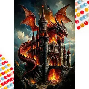 5D DIY Full Drill Round Diamond Painting Kit - Diamond Art Painting Set Dragon, Castle, Flames Mosaic, Canvas - DIY Decorative Painting, Home Wall Decor, Suitable for Halloween and Christmas, Birthday and Anniversary Gifts