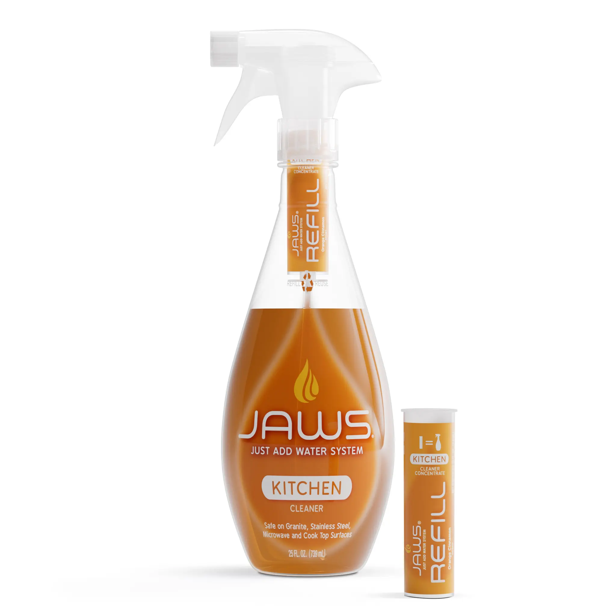 JAWS Kitchen Cleaner Bottle with 2 Refill Pods - EPA Safer Choice-certified - Streak-Free & Versatile Cleaning Solution - Lightly Scented Orange Cinnamon - Just Add Water System - Refillable & Sustainable