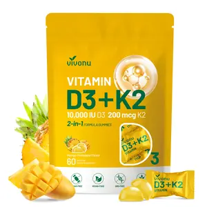 【LAST-CHANCE】VivoNu Vitamin D3+K2 Gummies Vitamin D3 Vitamin K2 Calcium Muscle and Energy Support Mood and Energy Balance Bone and Teeth Support 10,000 IU D3 200 mcg K2 Mango Pineapple Flavor 60 Gummies One Bag for 30 Days