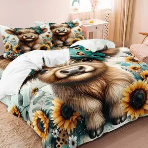 3pcs Set Watercolor Highland Cow with Sunflower Print Duvet Cover Set Boho Bedding Set Suitable For Bedroom Hotel Inn School Dormitory Can Be Used As Holiday Gifts (1*Duvet Cover + 2 Pillowcases, No Comforter, No Pillow)