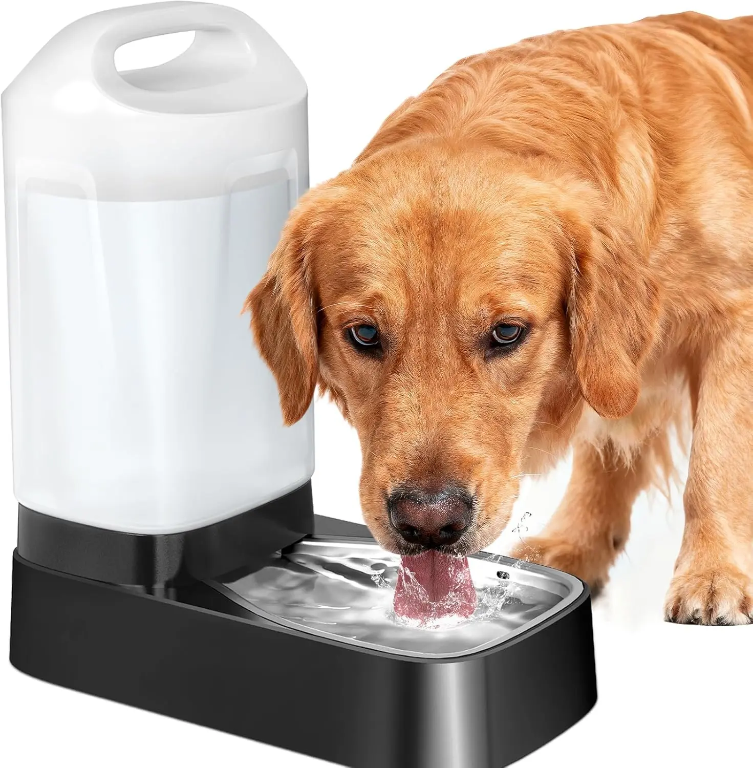 2.4 Gal Large Capacity Dog Water Bowl Dispenser,Gravity Automatic Pet Water Fountain Water Feeder with Stainless Steel Bowl & Easy-Carry Handle Easy to Clean Leak-Proof for Large Dogs Cats Multi Pet Home Feeding