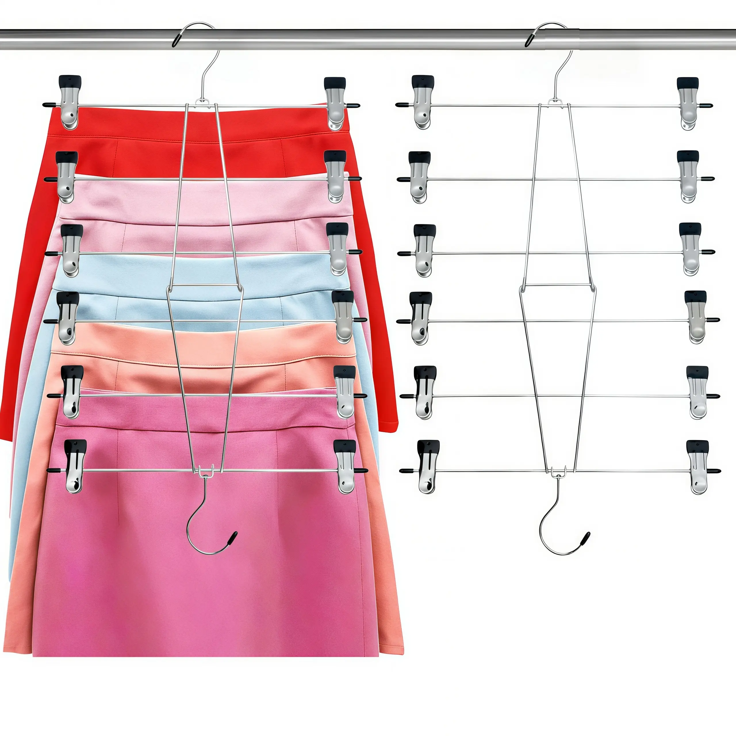 LMMAKE 1PC/2PCS 6-Layer Double-Hook Foldable Stainless Steel Hangers, Smooth Adjustable Space-Saving Closet Organizers for Pants, Skirts, Women's Clothes & Student Garments