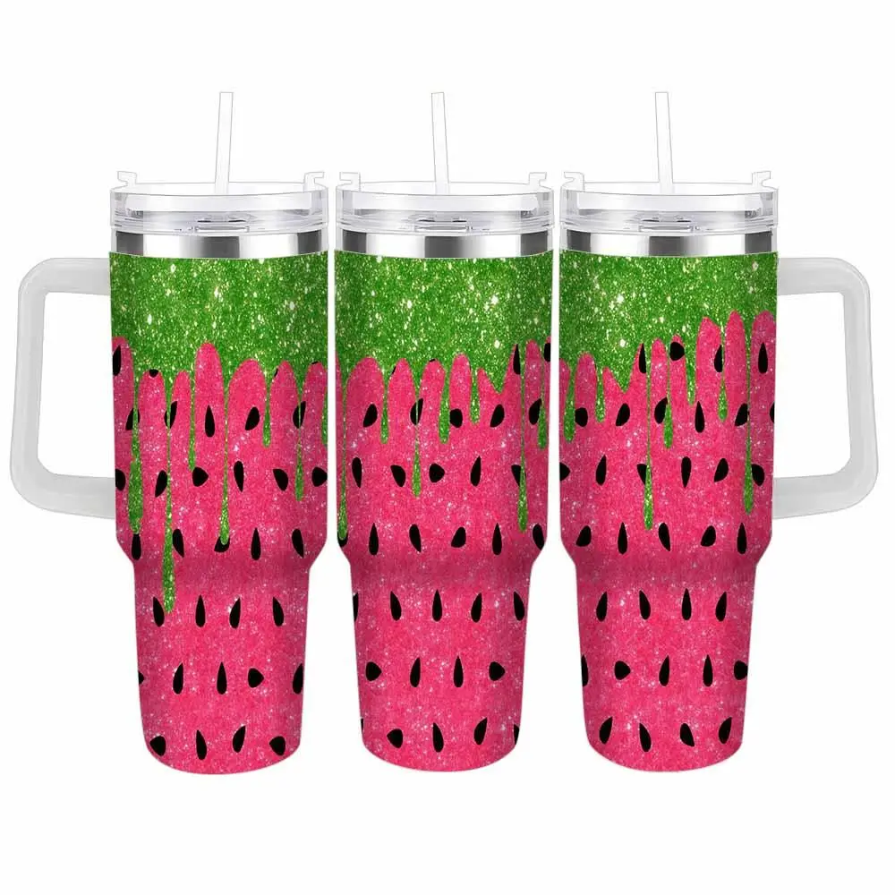 Watermelon Drip Tumbler (40oz/30oz/20oz) Vibrant Glitter Fruit Pattern Double Wall Vacuum Insulated Stainless Steel Cup Perfect For Summer Beach Parties Daily Office Hydration Outdoor Picnic Trips Thoughtful Birthday Gifts