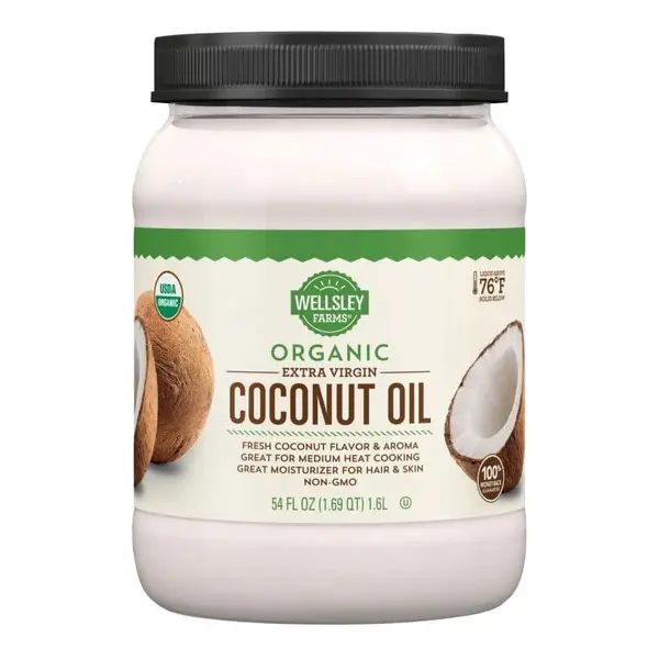 Wellsley Farms Organic Extra Virgin Coconut 54 oz - Organic, No Pesticides, Great for Medium Heat Cooking, Rich Flavor Profile oil