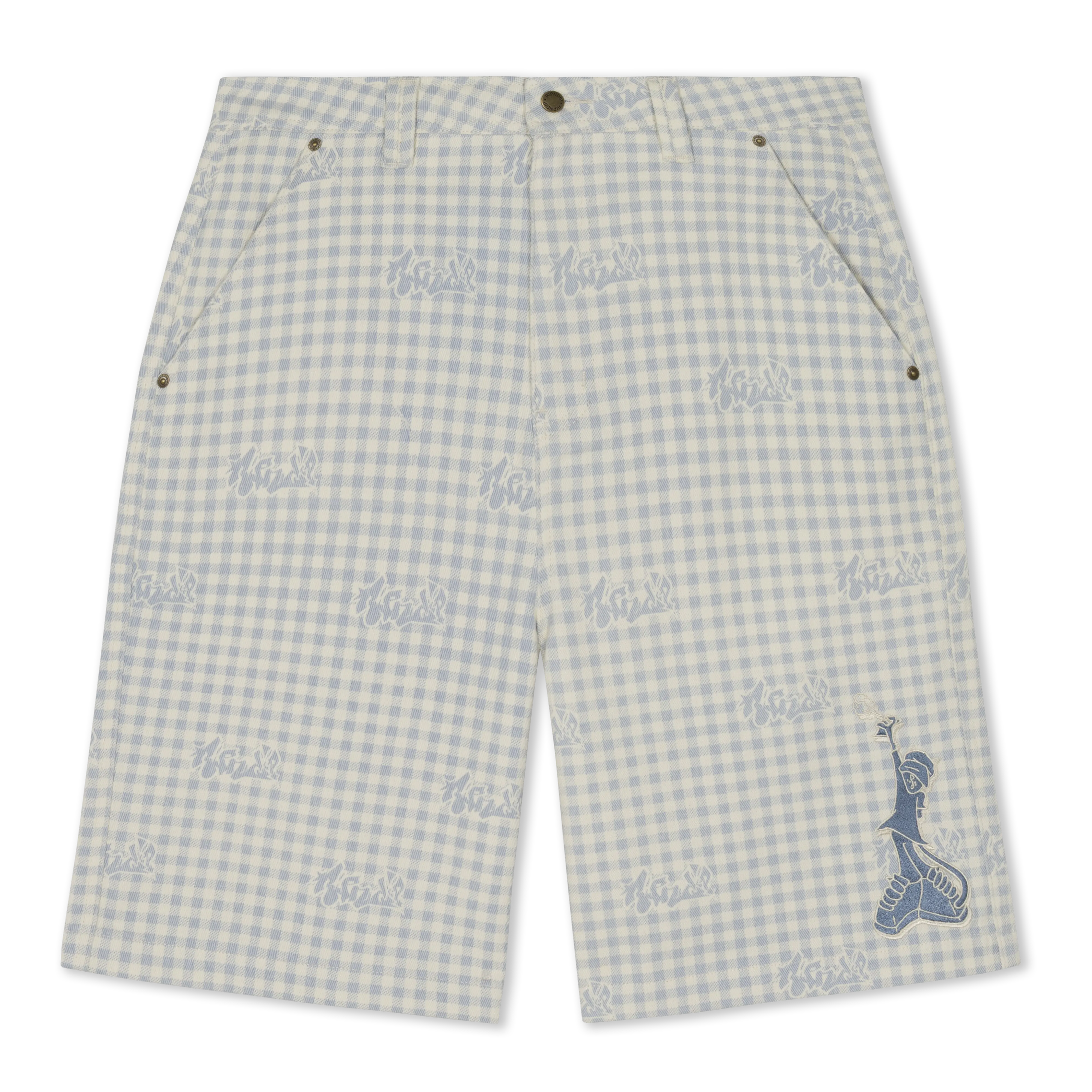 Men's Graphic Embroidered Cargo Cotton Wide-Fit Shorts, Light Blue Checker Menswear