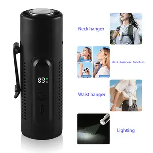 Portable USB fan with cooling function. 20000RPM brushless motor, 5000mAh ultra-long battery life, LED light, 5 wind speed settings. Can be clipped to a belt, neck, or desktop. Suitable for indoor and outdoor construction sites, camping trips, etc.