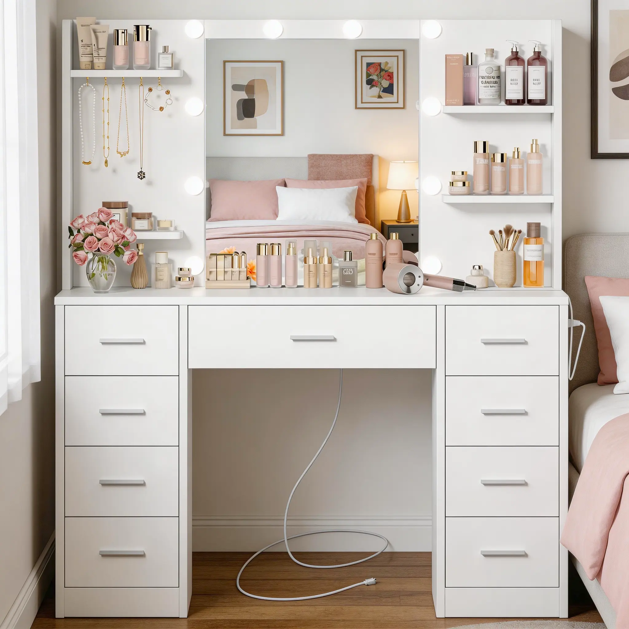 Lighted Modern Makeup Vanity Set - 44.5" White Freestanding LED Vanity Dresser with Adjustable LED Lights, Built-in Charging Station, 9 Drawers, Storage Shelves, Bedroom Indoor Furniture, Assembly Required