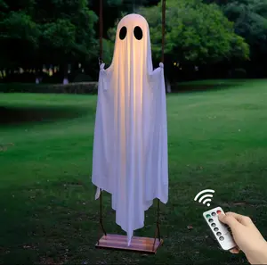 Halloween Decorations Outdoor - 5FT Large Hanging Ghost Swing with Remote Control String Lights, Scary Ghost Halloween Party Decor Outside for Tree Porch Yard Garden Lawn Ornaments halloween decor
