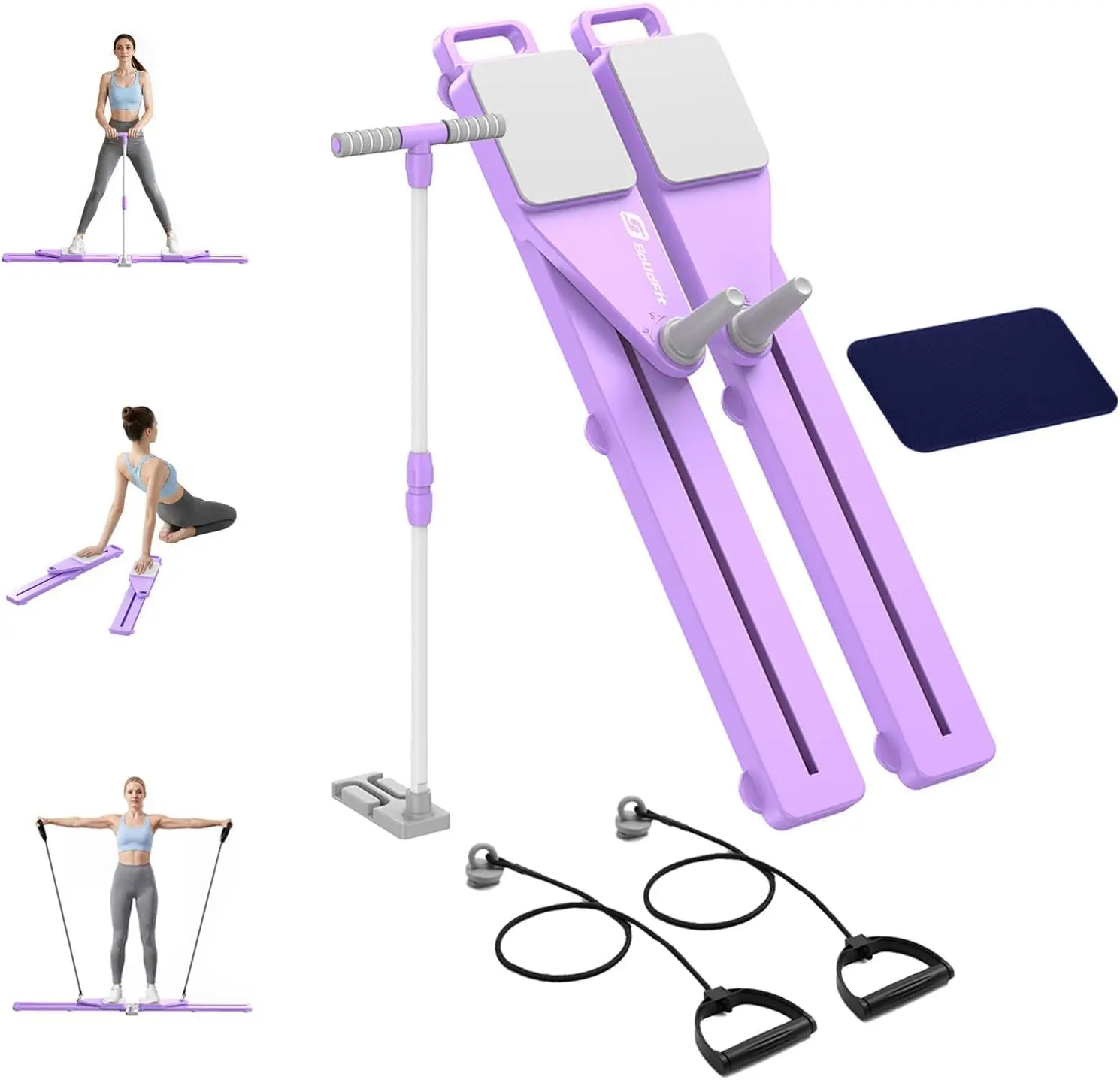 Multifunctional 6-in-1 Pliates Board with Handrail & Resistance Bands- Anti-Slip Portable Foldable Pilates Reformer Machine & Ski Machine & Exercise Equipment for Home Gym Full Body Workout