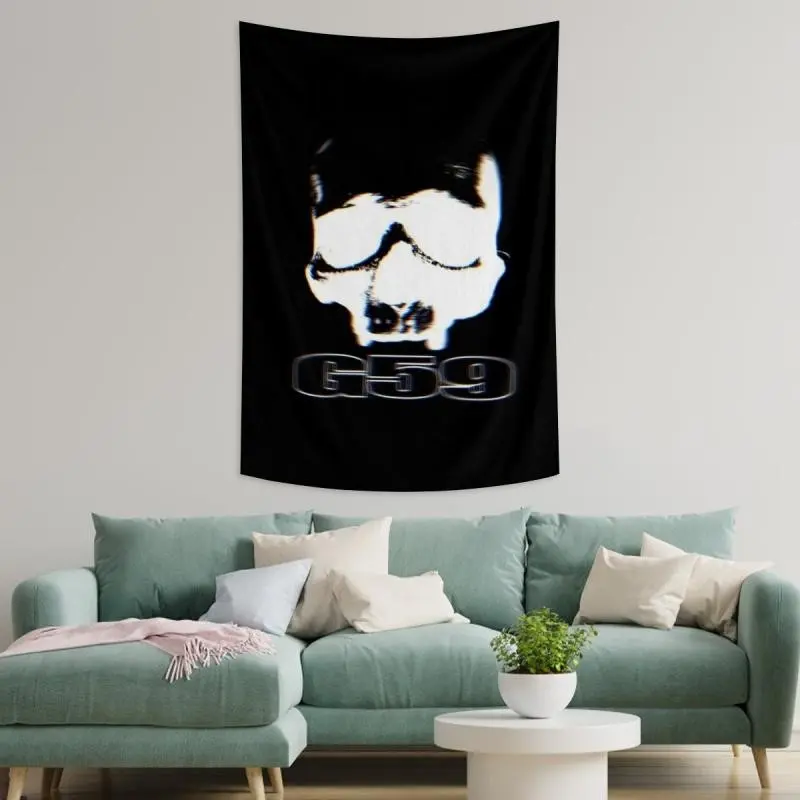 Retro Polyester Decorative Wall Tapestry - Classic Industrial Rustic Geometric Artwork Print with Prominent "G59" Logo, Black and White Blush Pink Modern Minimalist Home Decor for Living Room, Birthday Gift, Decoration