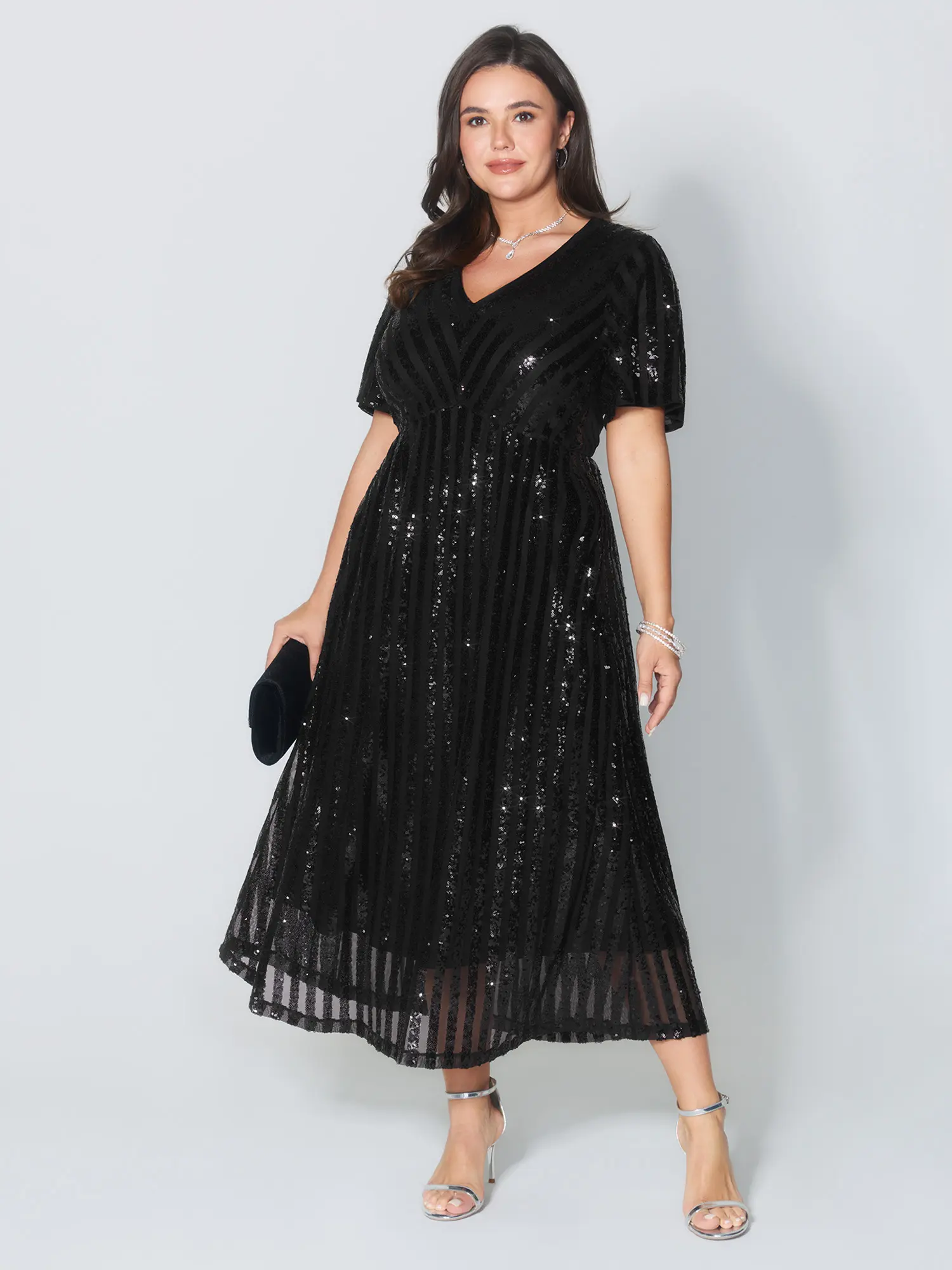 BLOOMCHIC Women's Shimmery Sequin V-Neck Shortsleeve Polyester-Blend Spandex Midi Dress - Fitted Geometric Fabric Pocket Casual Party Garment, Summerfinds (Iron on Low Heat), Do Not Dry Clean, Cold Wash, Bachelorette Party, Occasion, Ruffle Sleeve, Festiv
