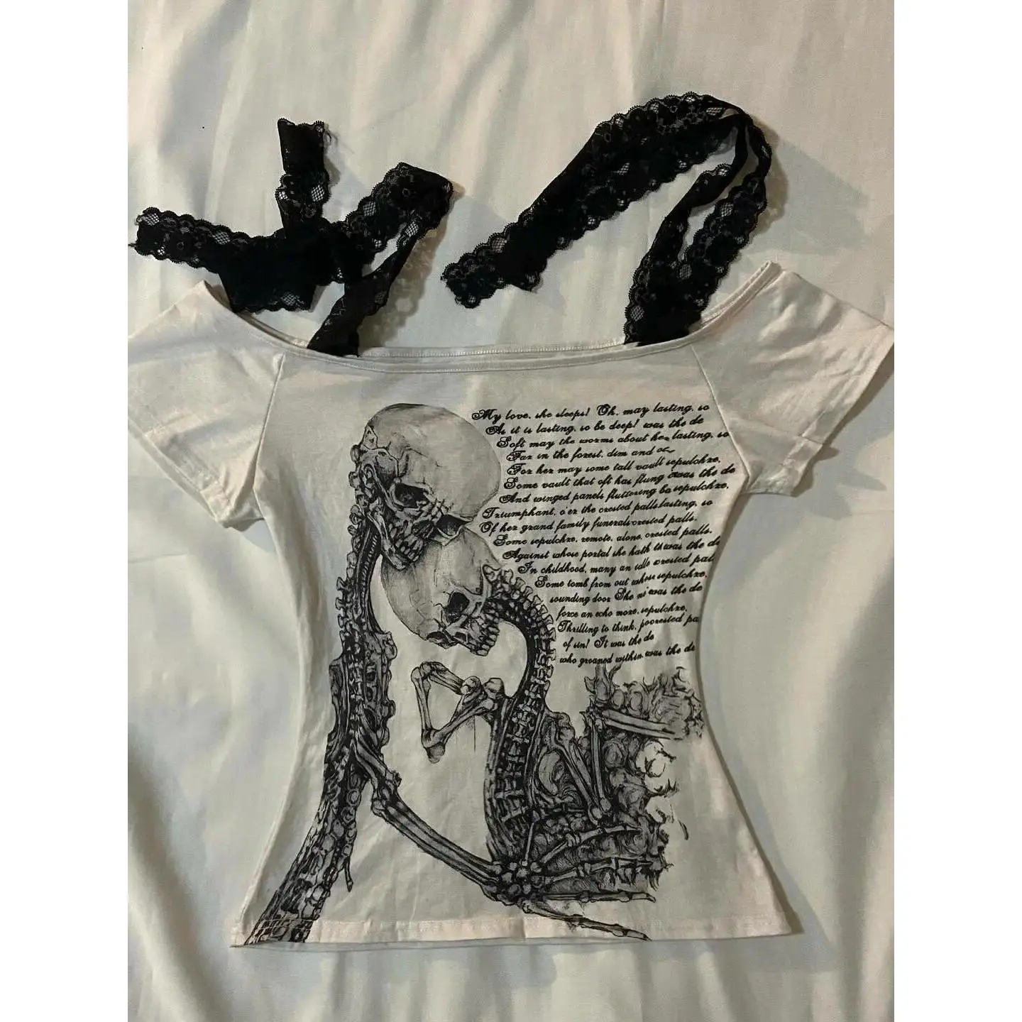 Lace Bandage Crop T-Shirts Women Slim Punk Skull Print Harajuku Tops Y2k Aesthetic Tees Vintage Grunge Sexy Gothic Emo Tshirts