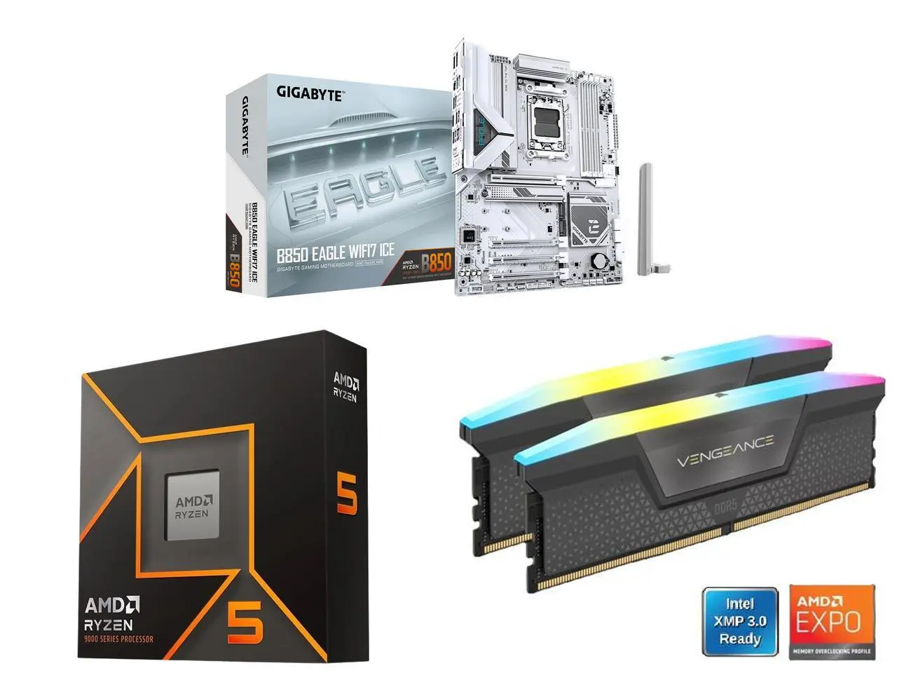 GIGABYTE B850 EAGLE WIFI7 ICE AMD AM5 LGA 1718 Motherboard, ATX, DDR5, 3x M.2, PCIe 5.0, USB-C, WIFI7, 2.5GbE LAN, EZ-Latch AMD Ryzen 5 9600X 6-Core 3.9 GHz, Radeon Graphics, CORSAIR Vengeance RGB 16GB DDR5 6000 RAM