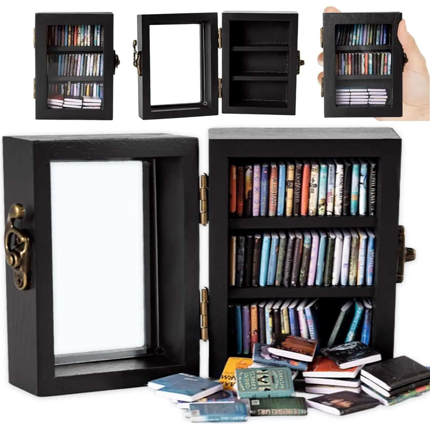 Bookshelf Mini Book  Display Stand a Miniature Library Equipped with 65 Mini - Books is an Ideal Decorative  for Book Enthusiasts (Black)