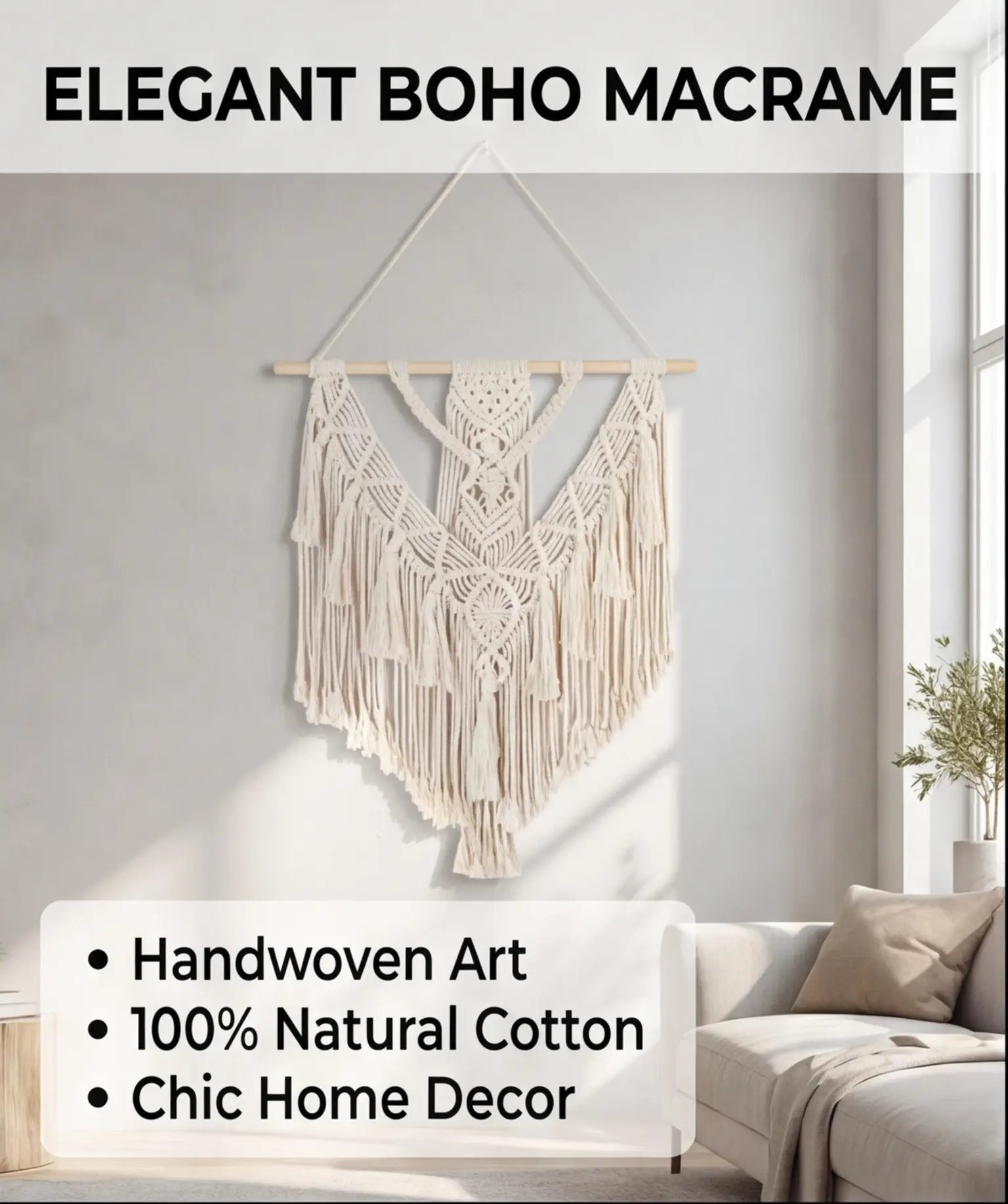 Rustic Hangable Macrame Boho Wall Hanging Decor - Geometric Cotton Handmade Tapestry with Long Tassel, Chic Craft Ornament for Home Bedroom, Ideal Decor Inspo Gift for Women, Classic, Daily