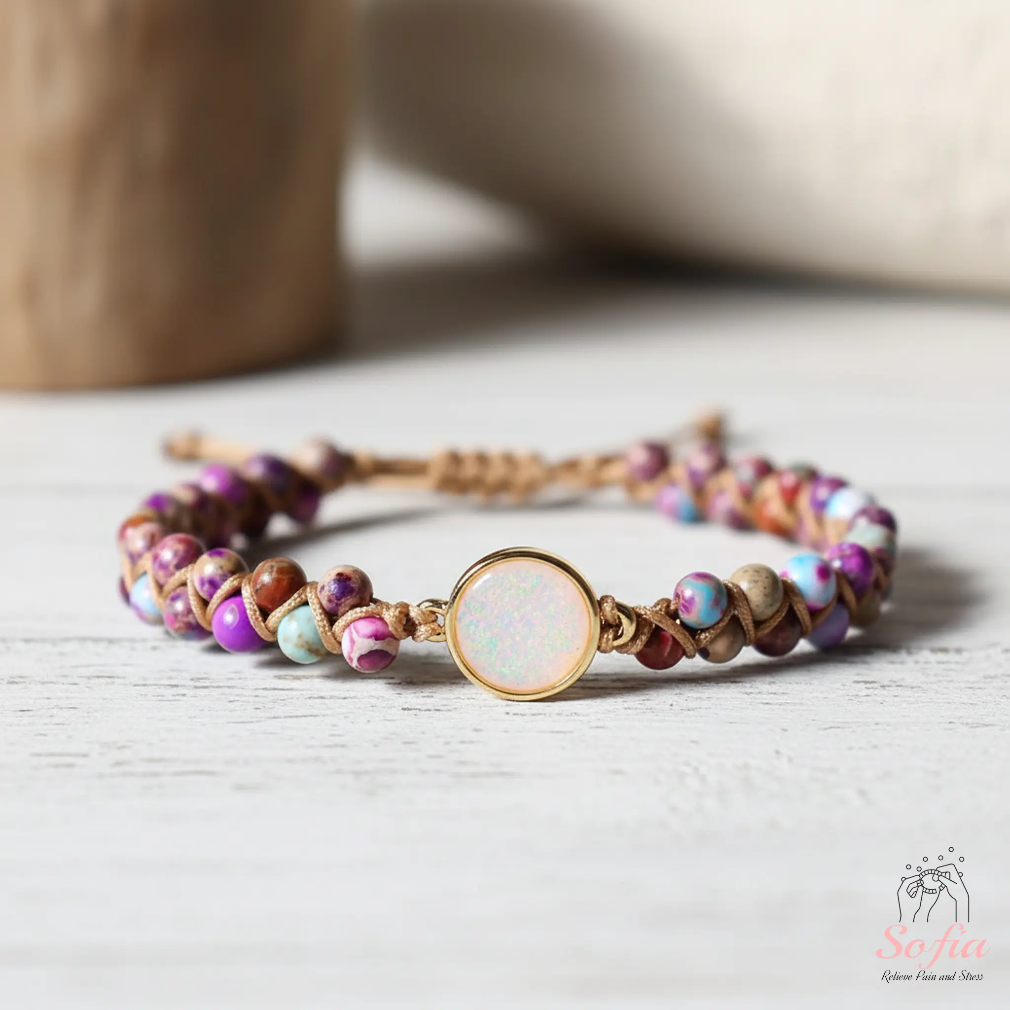 Sofia Natural Jasper Bracelet with Round Opalite Heart Charm, Bohemian Handmade Playful Natural Crystal Bracelets & Anklets, Minimal Style Pairs with Any Outfit, Fits 6~7.5", Adjustable Daily Wear Valentine's Day Gift