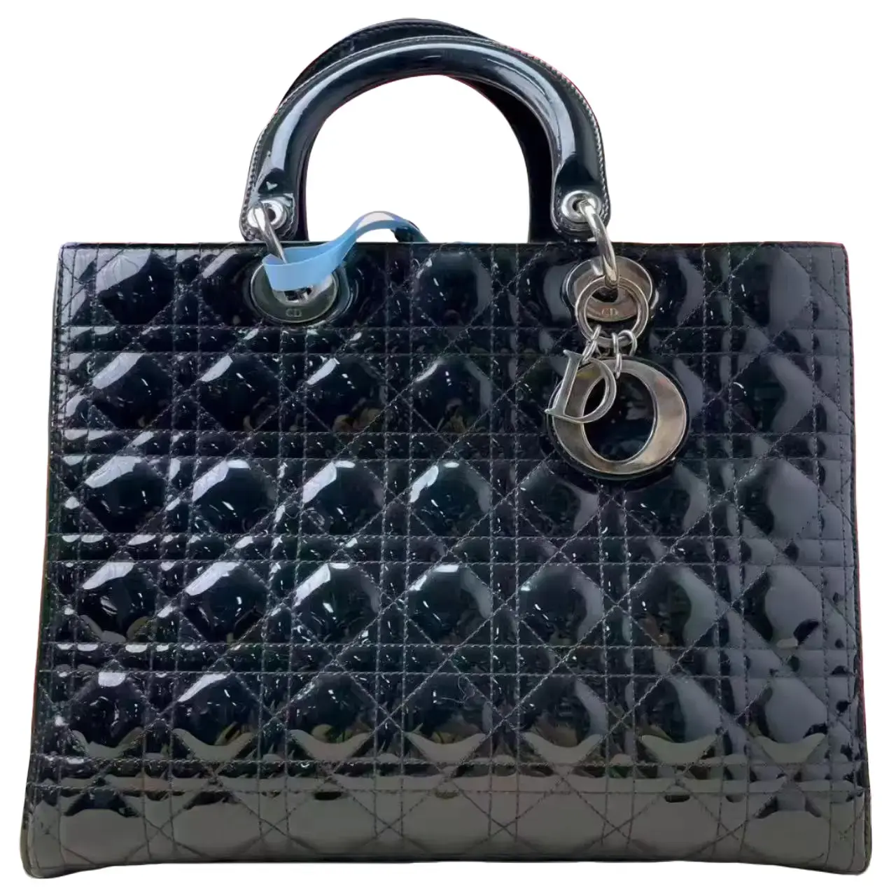 Pre-owned Dior Authentic Black Lady Patent Leather Silver Hardware Handbag