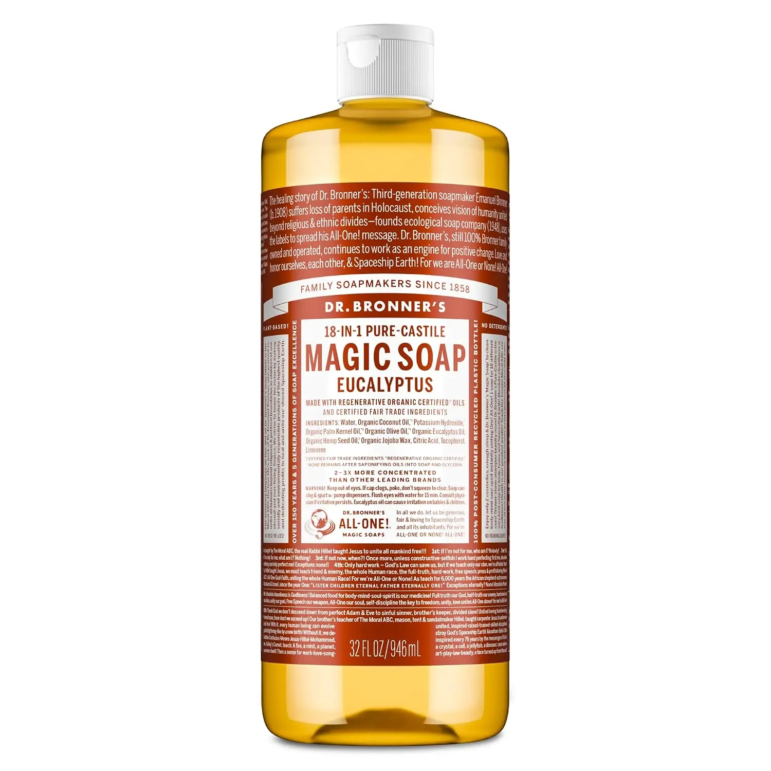 Dr. Bronner's Eucalyptus Pure-Castile Liquid Soap, Hand Soap, 32 oz | 18-in-1 Uses: Body Wash & Hand Soap for Men and Women, Shampoo, Face, Laundry, Floors, Cars, Pets - Fair Trade & Organic Oils