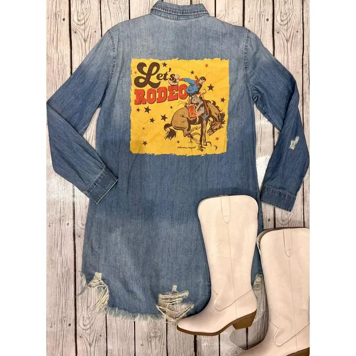 Let's Rodeo Bronco" Vintage Graphic Denim Dress