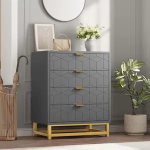 Grey Dresser, 4 Drawer Dresser for Bedroom, Wood Chest of Drawers, Modern Dressers with Gold Metal Handles for Living Room, Hallway, Entryway