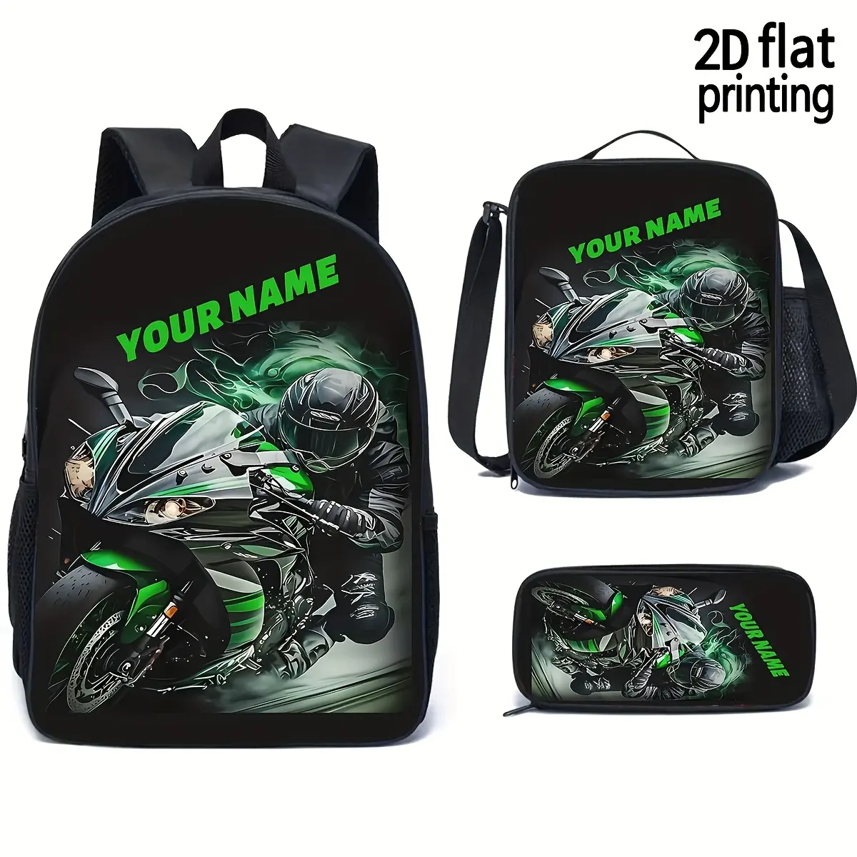 Custom Name Kids' 3-Piece Motorcycle Art Backpack Set - Oxford Cloth Daypack with Zipper, Adjustable Strap, Name Tag, Insulated Lunch Bag, Pencil Case, Top Handle for Back to School, School Trips
