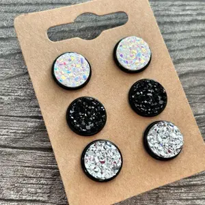 Druzy Stud Earrings Set for Women - 12mm Trendy Ear Fashion Jewelry Exquisite Handmade Earring Daily Wear White Glitter Metallic Black & Silver Metallic Druzy