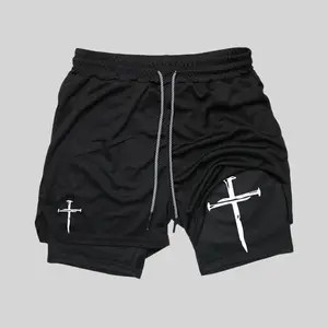 Men's Cross Print Drawstring Waist 2 in 1 Sports Shorts, Regular Fit Sporty Breathable Quick Drying Pocket Shorts, Summer Sports Bottoms for Gym Workout Running, Gym Clothing, Athletic Wear, Casual Sport Shorts, Comfy Breathable Shorts