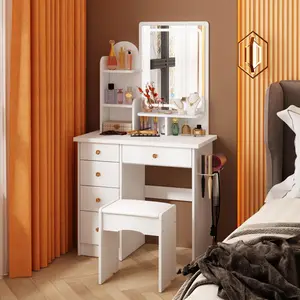 FUFU&GAGA Vanity Set With Mirror, Makeup Vanity Dressing Table With 5 Drawers, Shelves, Dresser Desk & Cushioned Stool Set, White