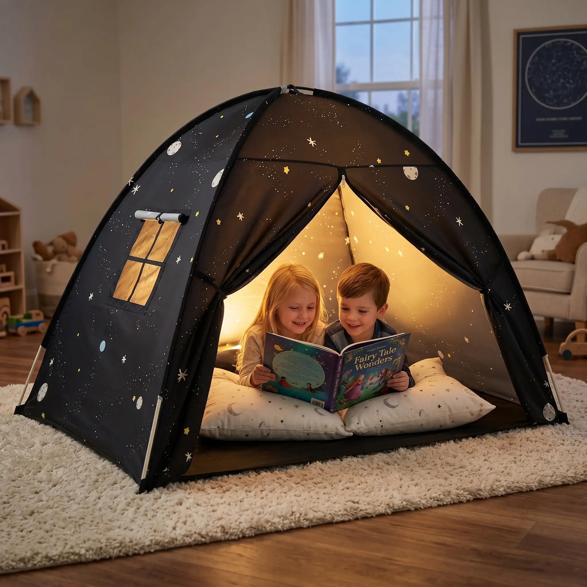Apojungle Starry Sky Kids Playhouse Tent - 78x78in Spacious Dome, Star Print Mesh Fabric, Indoor-Outdoor Tents & Tunnels Toy, Star Playhouses, Tents & Tunnels