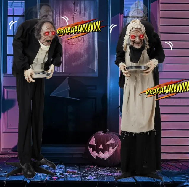 Ubesgoo 5FT Halloween Inflatable Standing Old Man Old Lady Girl Doll Decor Halloween Decoration Animatronics Talking Outdoor Decorations with Voice Control Light Up Eyes for Indoor Party Prop and Outdoor Lawn Patio Yard Decor House Garden,Grandma