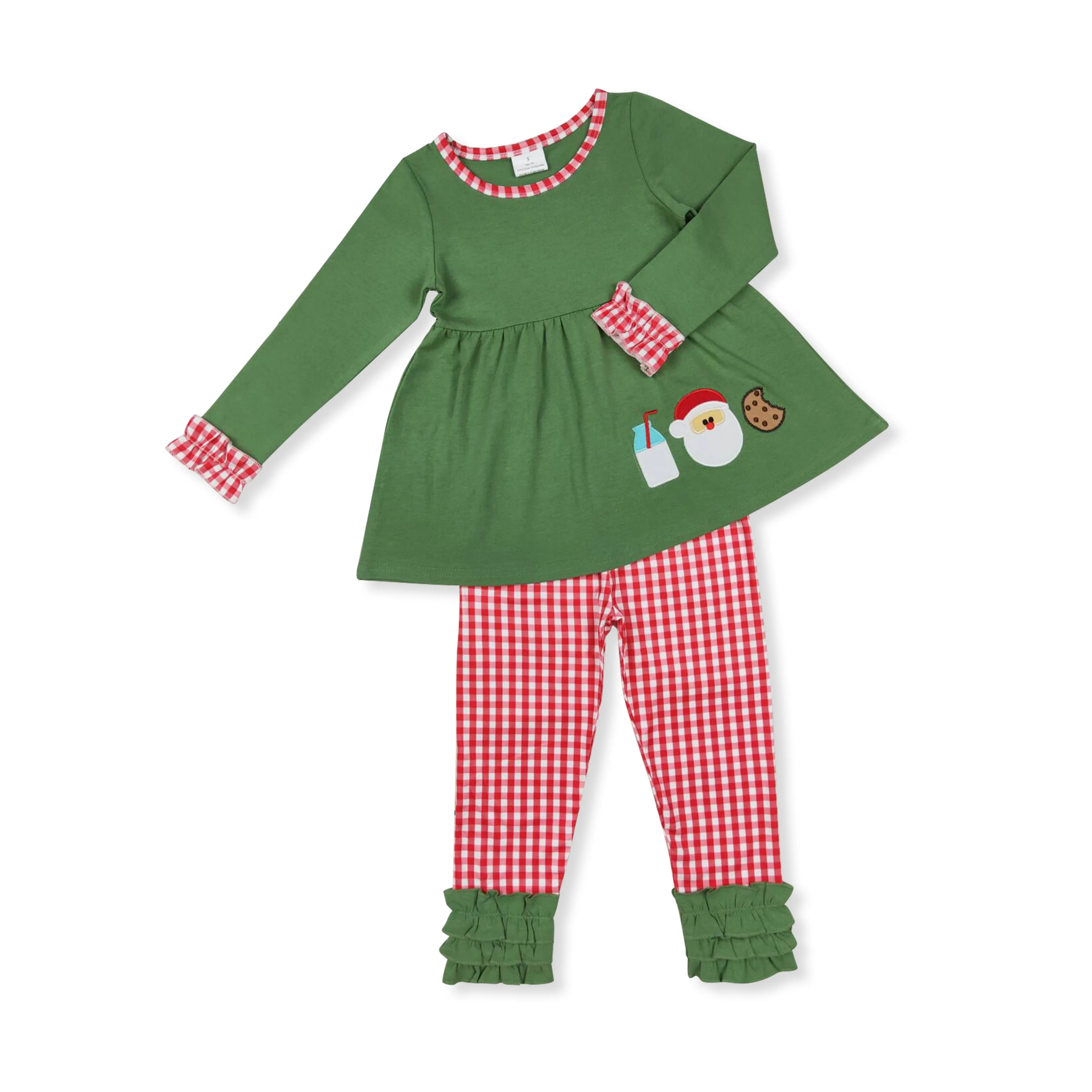 Girls' Christmas Green Gingerbread Santa Print Bell-Pant Casual Outfit Set