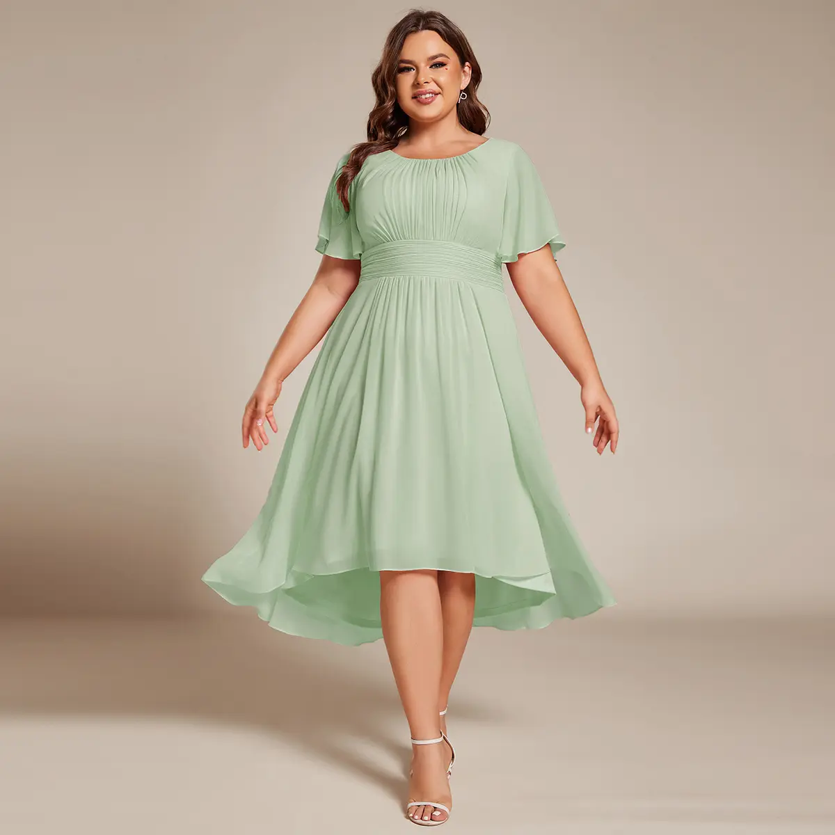 EVER PRETTY Plus Size Chiffon Bridesmaid Dress, Flowy A-Line Knee Length Wedding Guest Gown with Ruffle Shortsleeve & Round Neck, Hand Wash Only, Plus‑Size Flattery