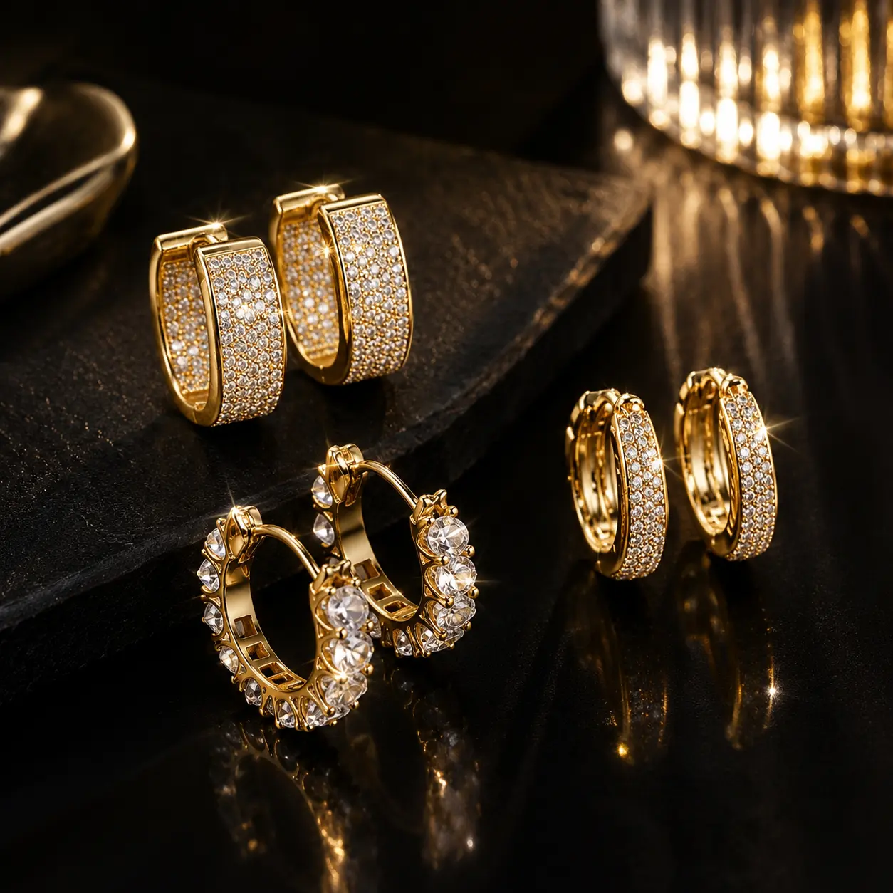 【3-Pair】14K Gold Plated Hoop Earrings Set for Women, CZ Pave Huggie Earrings, Dainty Luxury Cubic Zirconia Hoop Earrings, Lightweight Fashion Jewelry for Everyday Wear-Exquisite 3-Pair 14K Gold Plated Layered Hoop Earring Set for Women