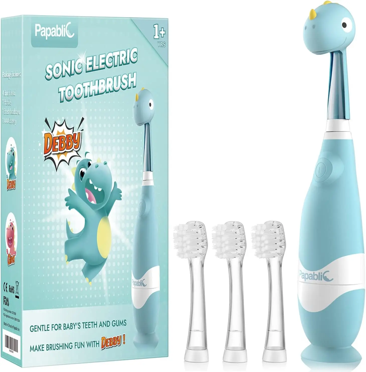 Papablic (Debby) Toddler Sonic Electric Toothbrush for 1-3Y, Kids  Electric Toothbrush with Smart LED Timer & Dino Cover, 4 Brush Heads, Gentle Clean, Lightweight Travel & Fun Oral Care Kit, Baby Toothbrush Set, Gifts