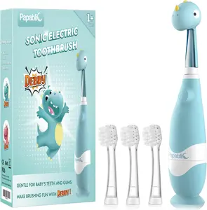 Papablic Debby Toddler Sonic Toothbrush 1-3Y with Smart LED Timer Dino Cover 4 Brush Heads 18000 Vibrations Per Minute Fun & Effective Oral Hygiene, Lightweight Daily Cleansing