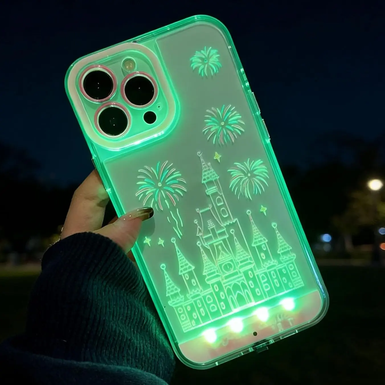 OREKROY Glow LED Light Up Phone Case for iPhone 17 Pro Max / 16 / 15 / 14 / 13 / 12 / 11, Fantasy Castle Fireworks Design, Incoming Call Flash, Cute Aesthetic Shockproof Protective Clear Cover