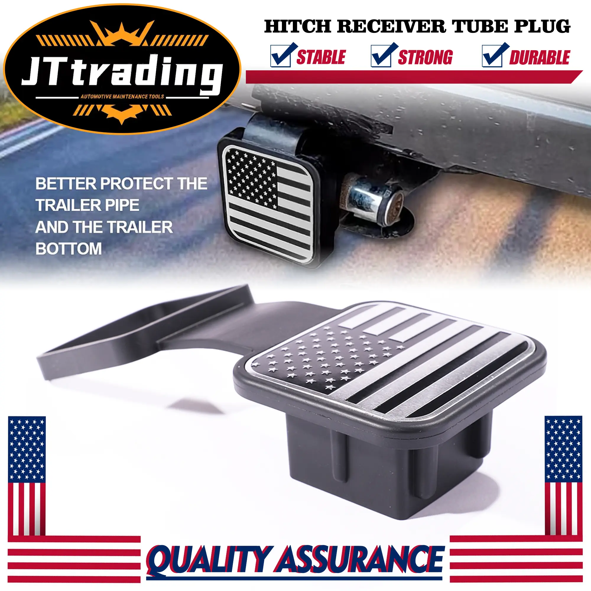 JTtrading 2-in-1 Soft Rubber Trailer Hitch Cover - American Flag Emblem Tow Tube Plug Cap, Stable, Easy Installation, Works with Many Common Tow Vehicles, Durable Auto Exterior Accessory for Most Hitch Receivers, Camping Essential