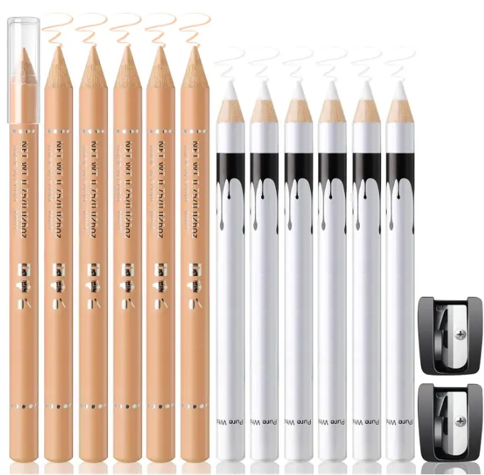 Noerrors 12Pcs Barber Pencil White Beige Skin Tone Magic Hairline Pencils Set Beard Guide Pen with Sharpener Barber Chalk for Lineup Edge Hair Design Shaping Trace Makeup Tool for Men