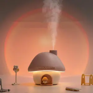 Cute Mushroom House Design Humidifier, Usb Humidifier Machine, USB Rechargeable Air Humidifier with 300ML Water Tank Capacity, Desktop Air Humidifier for Home Office Bedroom