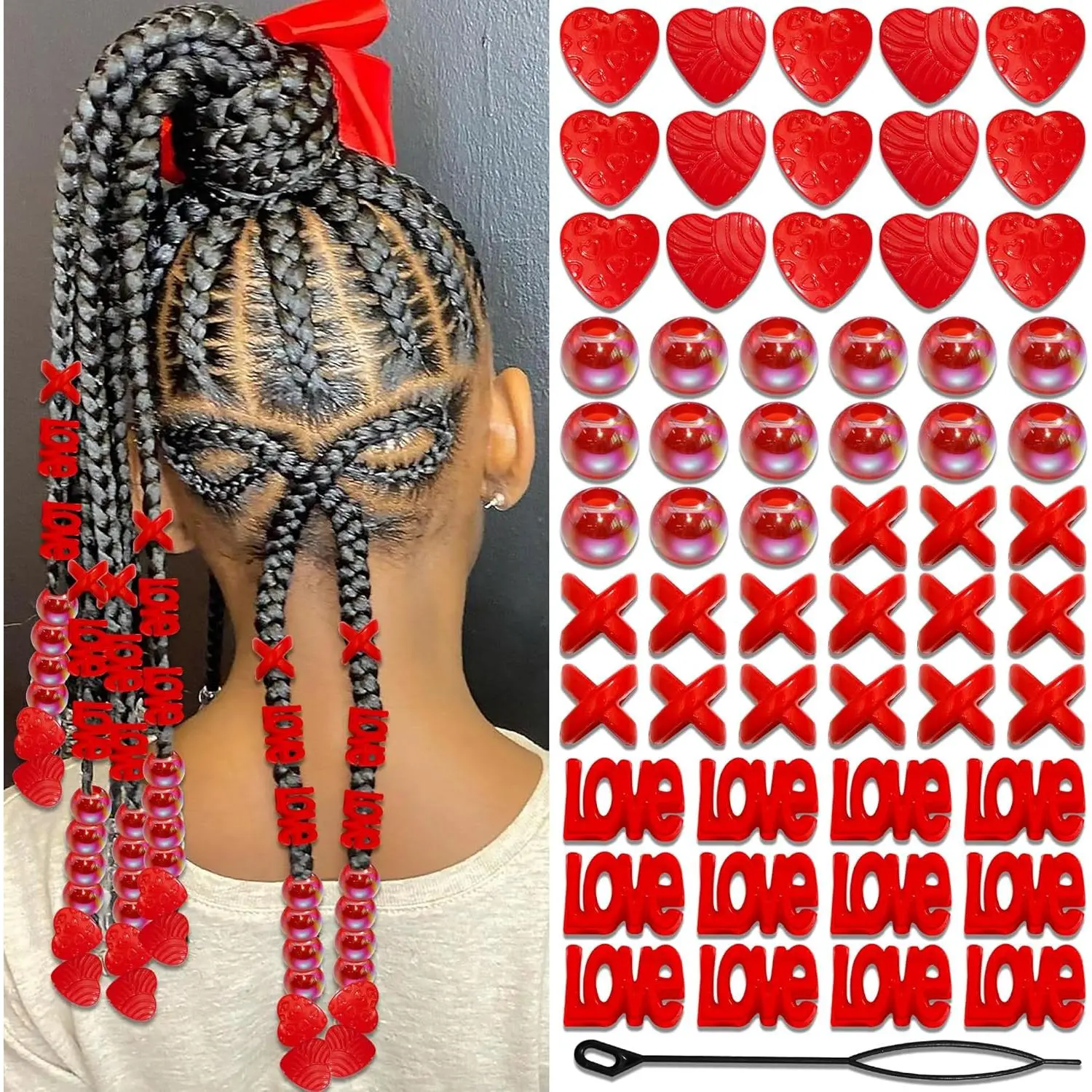 60 count Heart Hair Beads for  Large Dreadlock  for Braids Multi Shape Pony Beads Loc Dreadlock Accessories Cute Braids Hair Decoration for Women and Girls (Red)
