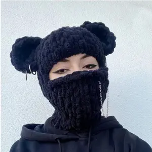 2026 Novelty Bear Ear Balaclava Beanies Chain Outdoor Ski  Winter Hat for Women Ear Protection Knitted Hat Handcrafted Cap