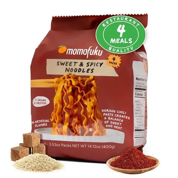 Momofuku Sweet & Spicy Ramen Noodles by David Chang, 4 Pack of Restaurant Quality Instant Noodles Now with More Sauce & 10g of Protein