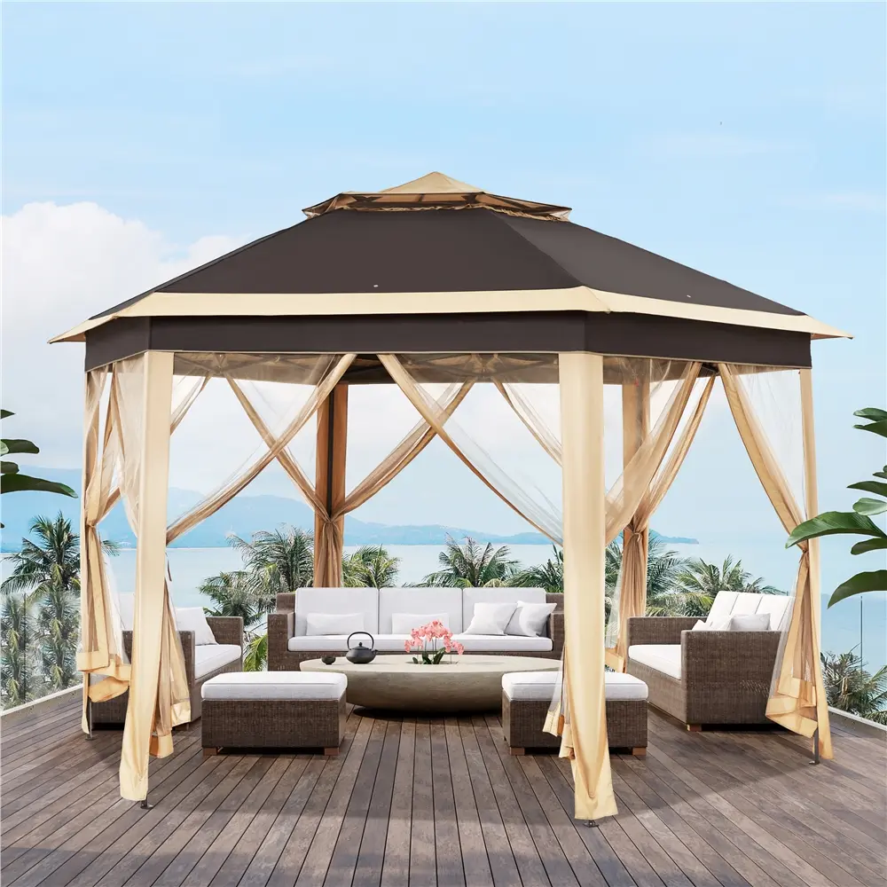 【Button Lift&Lock】Yaheetech 13x13 Pop up Gazebo, Hexagonal Outdoor Canopy Shelter, Instant Patio Gazebo Sun Shade Canopy Tent with Double Tiers & Mesh Netting for Lawn, Garden, Backyard & Deck