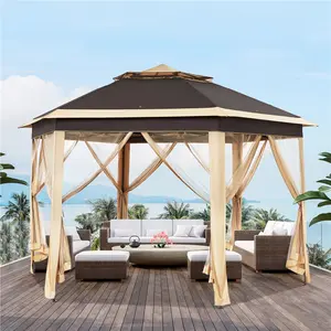 【Button Lift&Lock】Yaheetech 13x13 Pop up Gazebo, Hexagonal Outdoor Canopy Shelter, Instant Patio Gazebo Sun Shade Canopy Tent with Double Tiers & Mesh Netting for Lawn, Garden, Backyard & Deck