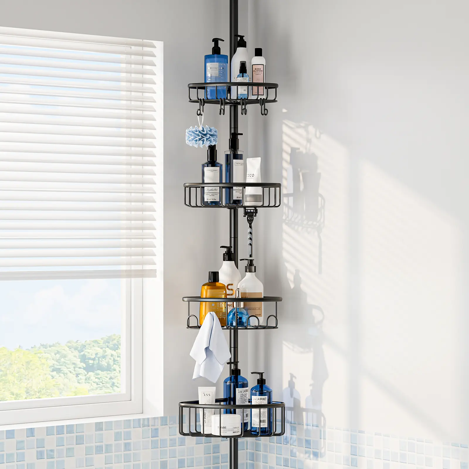 Corner shower rack with telescopic rod: Stainless steel rust-proof four-tier shower storage rack - 47-121inch Adjustable bathroom shelf for bathtub shampoo storage - Telescopic rod floor-standing bathroom rack - Black